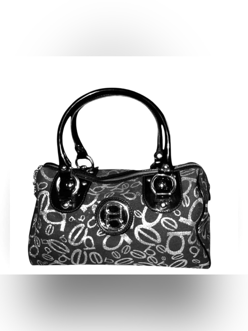 Bebe Black & Silver Monogram Satchel Handbag Patent Trim